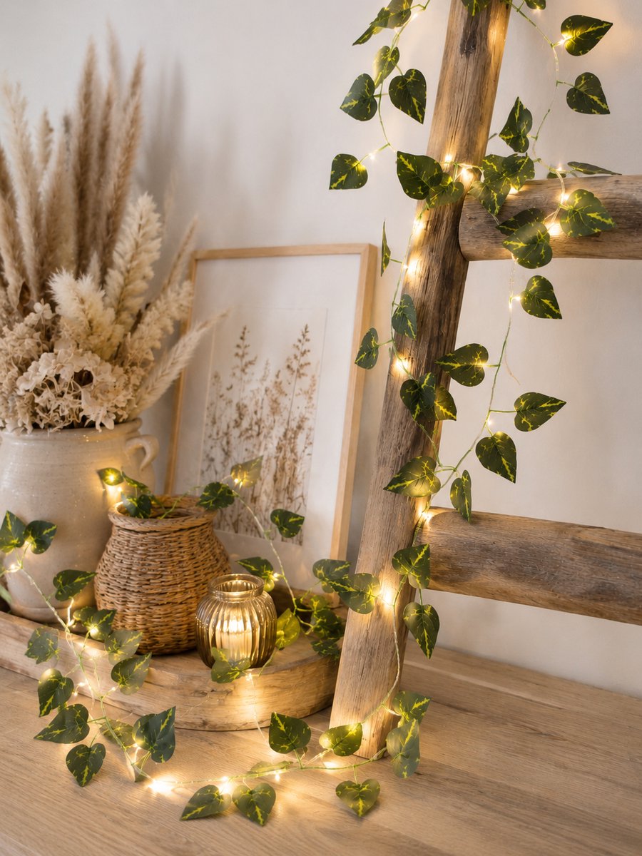 Lynn's Led Lichtsnoer - Draken Klimop - Groene Pothos blaadjes - 5 Meter - 50 Lampjes - Warm Wit - Batterij - Fairy Lights