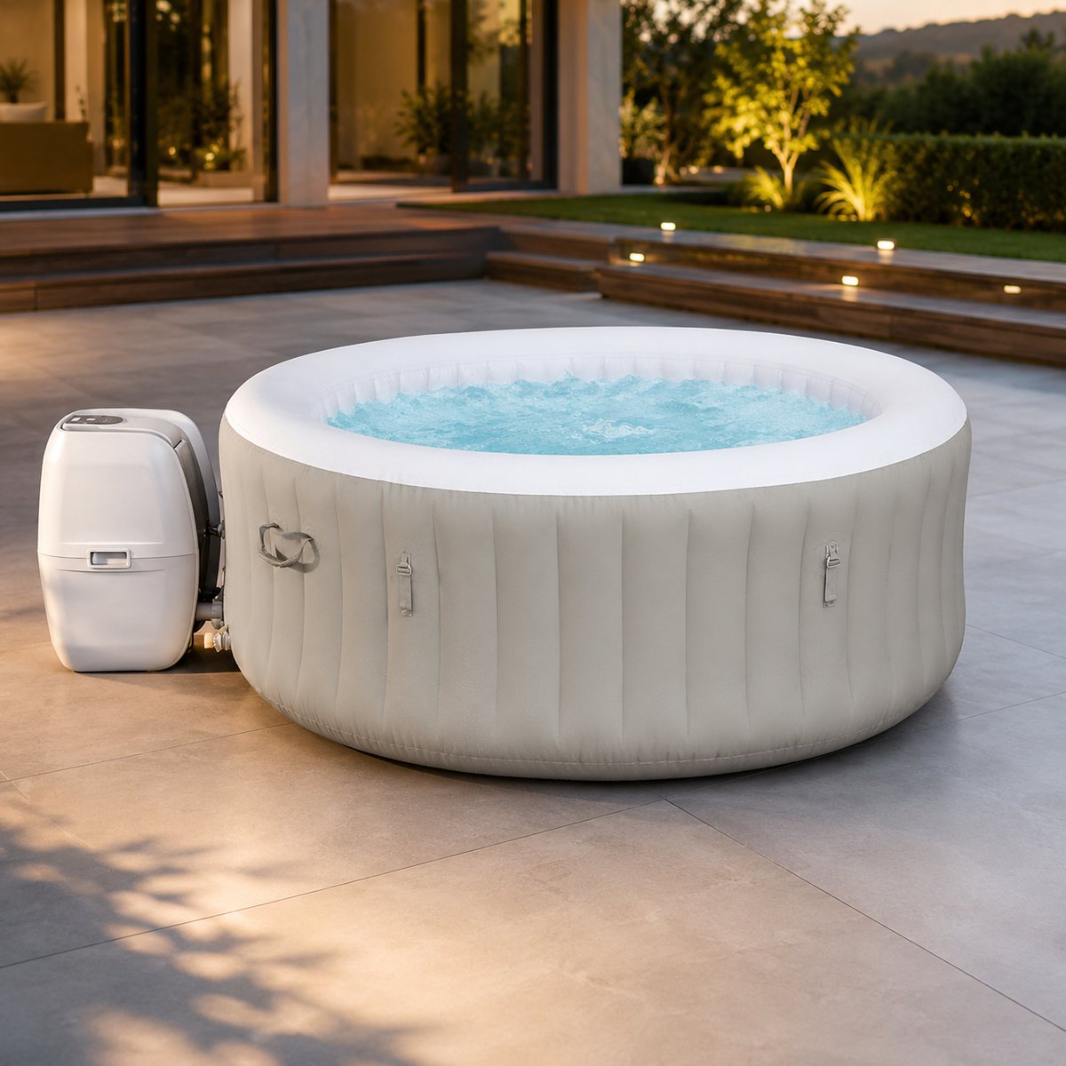 Opblaasbare Luxe AirJet Whirlpool Spa voor 2-4 Personen met 120 Bubbeljets, Verwarming tot 40°C, FreezeShield, LED Verlichting, Thermo Cover en Filter – Novihomestore