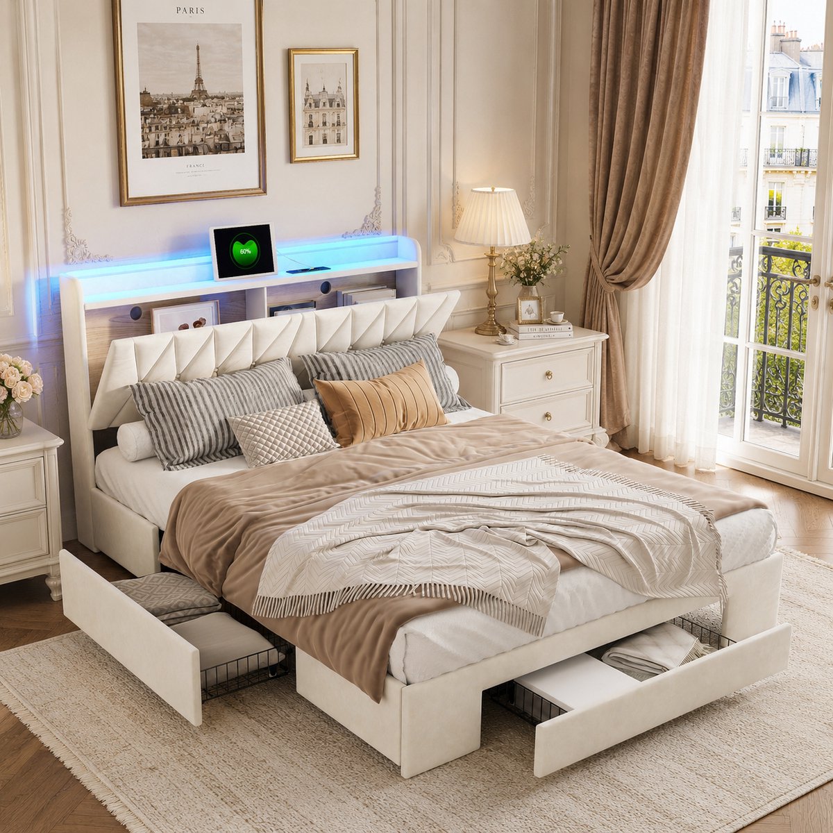 MEXUS Tweepersoonsbed 140x200 cm met ledverlichting en USB-aansluiting, Type-C, gestoffeerd bed met 3 opberglades en lattenbodem, geschikt voor 2 personen (volwassenen, tieners), fluweel, Beige