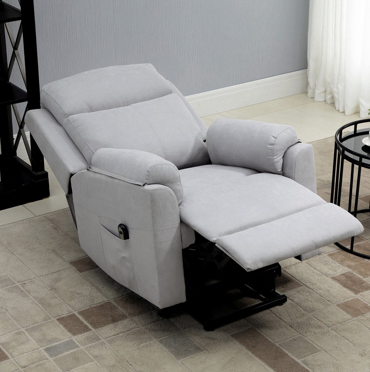 OKWISH Relaxfauteuil 83 x 89 x 102 cm - Elektrische Sta-op Functie En Ligfunctie Tot 160° - Met Voetensteun En Afstandsbediening - Voor Woonkamer - Stof - Lichtgrijs