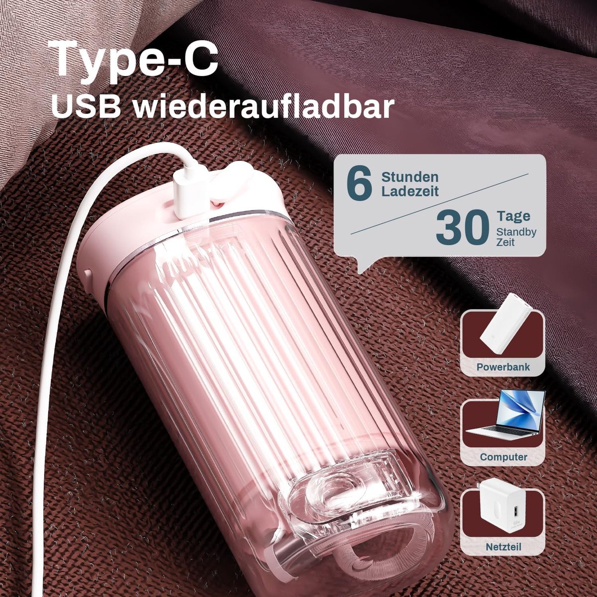 Mini Draagbare Waterflosser – Elektrische Reis Mondirrigator – Tandsteenverwijderaar – met 4 Vervangende Opzetstukken – 4 Modi – 230 ml Intrekbaar Waterreservoir – IPX7 Waterdicht – (Roze) thumbnail 2