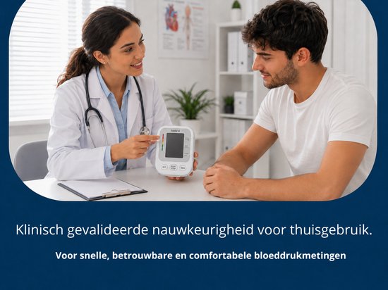 Arts wijst op witte Bioland bloeddrukmeter met kleurenbalk, naast een man.