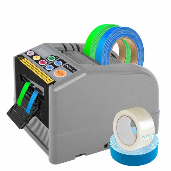 Grijze automatische tape dispenser met twee rollen tape, blauwe en groene tape worden gesneden en uit de machine gehaald. Er zijn ook rollen transparante tape en blauwe dubbelzijdige tape.