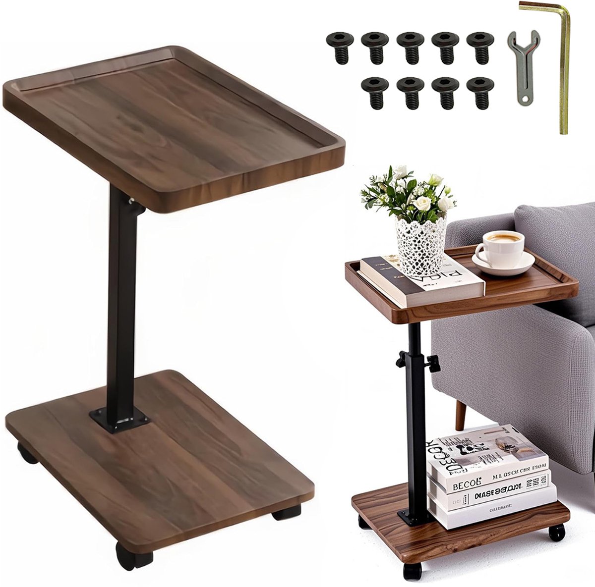 Ruijingsky C-vormige bijzettafel - banktafel met wielen - 360° draaibaar - verplaatsbaar nachtkastje - laptoptafel - salontafel - geschikt voor banken, bedden, woonkamers, slaapkamers en kantoren - ruimtebesparend - 40*30*45 cm - walnootkleur Notenhout