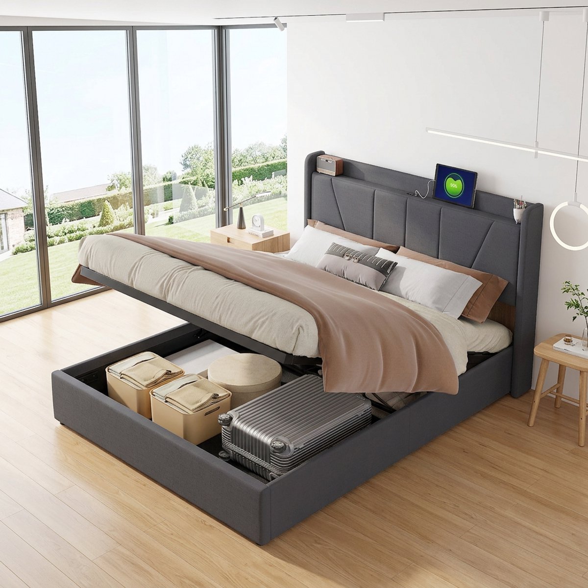 Gestoffeerd Bed 140x200 cm met USB-Stopcontacten, Tweepersoonsbed met Opbergruimte en en lattenbodem, Opbergbed bedframe met rugleuning voor jongerenbed, grijs linnen, zonder matras