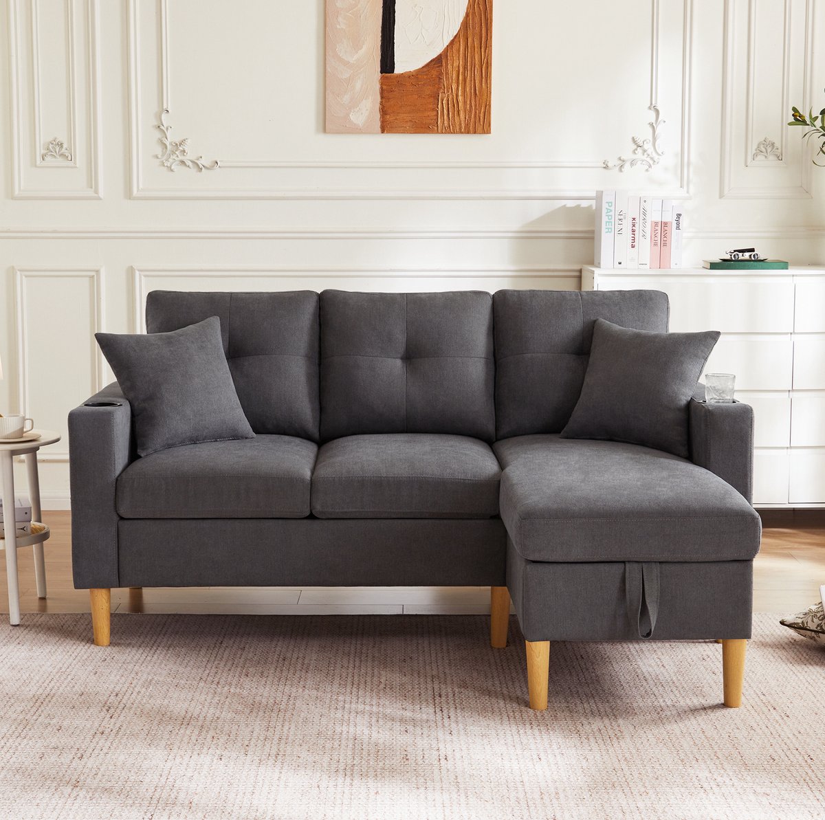 DESMIU Hoekbank 175 x 129 x 90 cm - 3-Zits Met Chaise Longue, Opbergruimte En Bekerhouders - Voor Woonkamer En Kantoor - Katoen Linnen Donkergrijs
