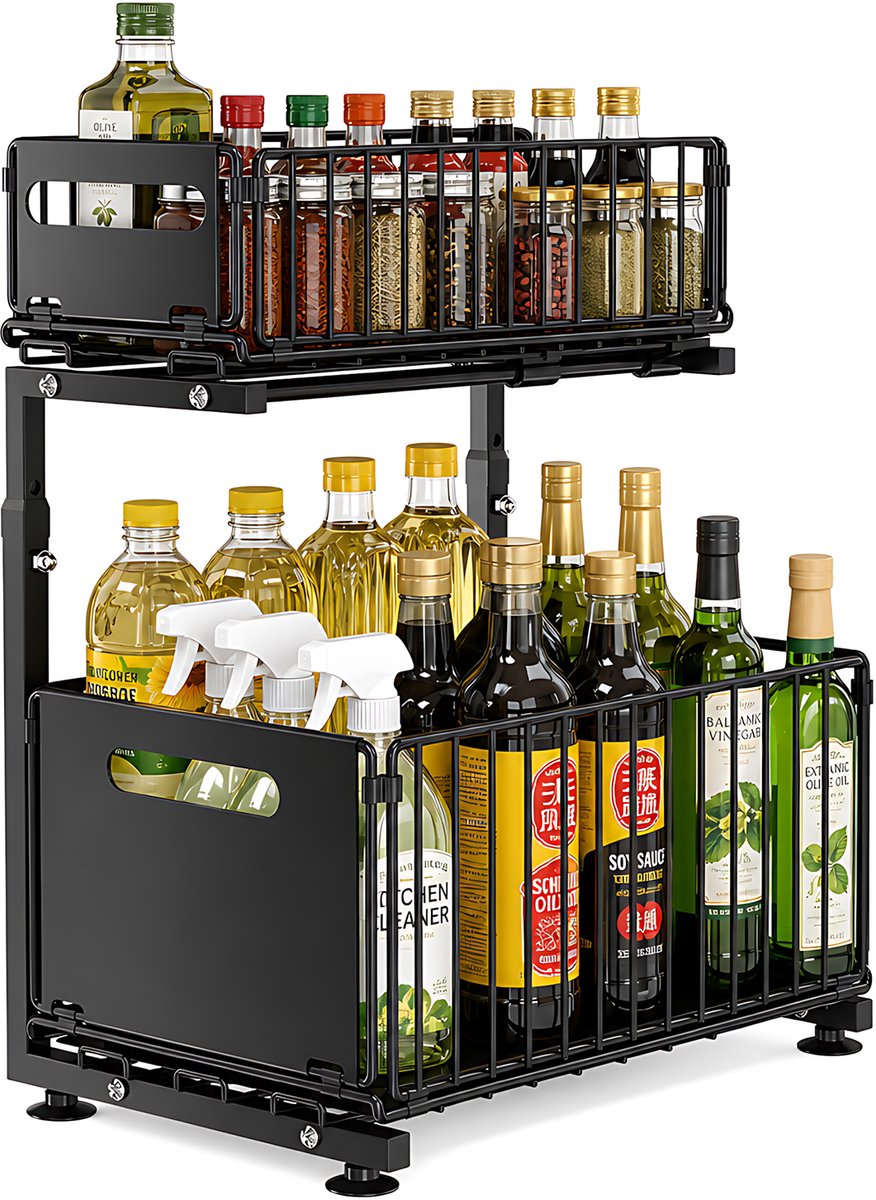 Uittrekbare Kast Organizer 2 Laags - Keukenkast Uittrekbaar Opbergrek - Keukenkast Organizer - Kruidenrek Kast - L-vorm Uitschuifbare Opberglade - Zwart