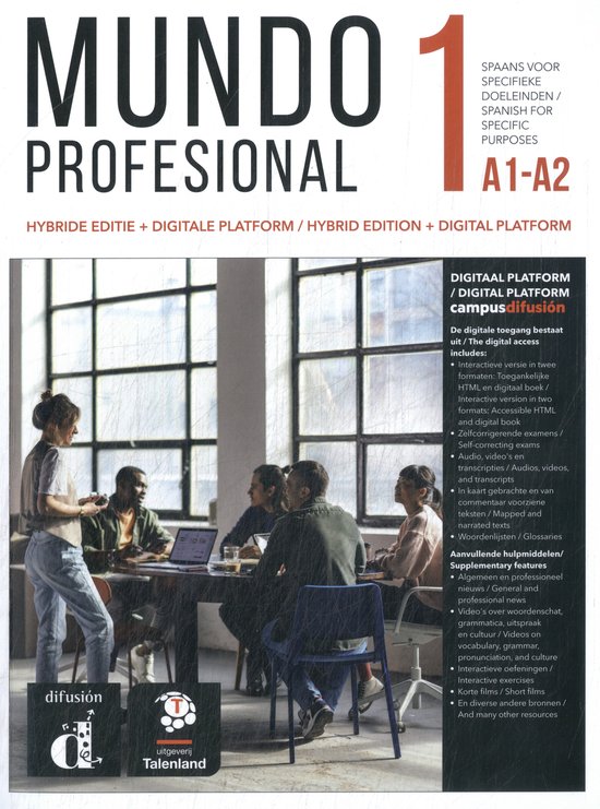 Page de titre de "Mundo Profesional 1 A1-A2", avec le texte "Mundo Profesional 1" en gras et "Espagnol à des fins spécifiques". L'arrière-plan montre un groupe d'étudiants à une table.