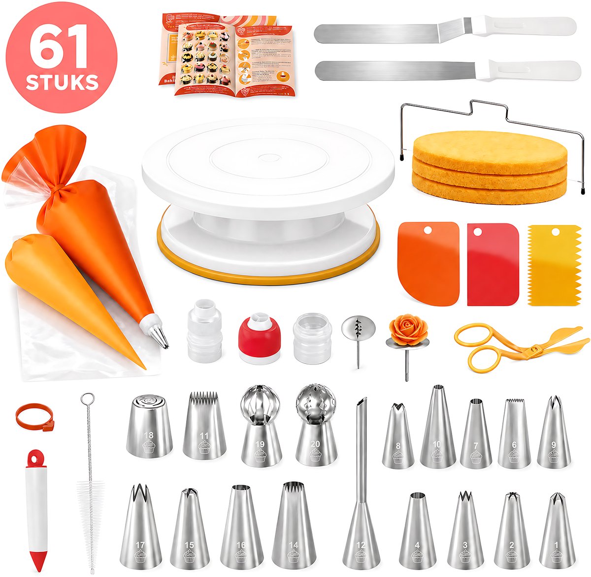 61-delige Taart Decoratie Set - Taart Draaiplateau Set - Spuitzak en Spuitmondjes Bakset - Taart Bak Accessoires - Cake Decorating Set Oranje