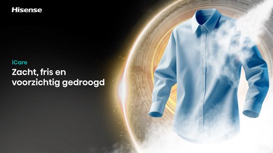 Hisense iCare droogt kleding zacht, fris en voorzichtig. Een lichtblauwe jurk wordt gestoomd en gedroogd.
