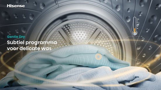 Hisense Gentle Dry: subtiel programma voor delicate was. Binnenkant van een droger met zacht vallende, lichtblauwe stof.