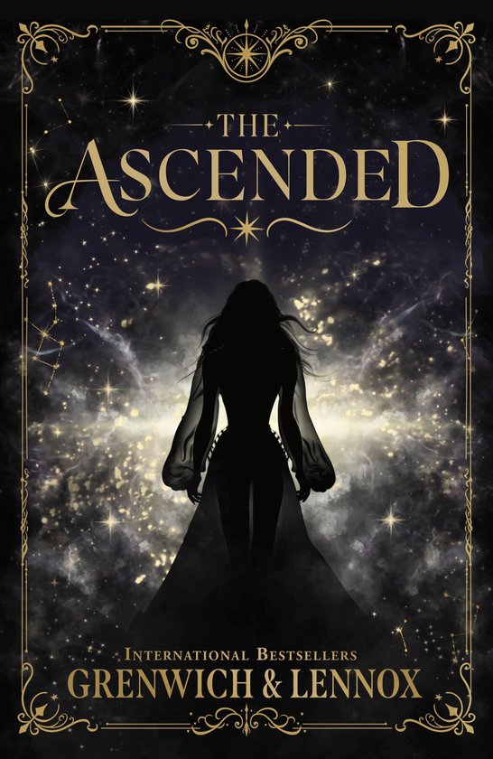 Boekomslag van 'The Ascended' met een silhouet van een vrouw in een lange jurk tegen een kosmische achtergrond met sterrenbeelden.