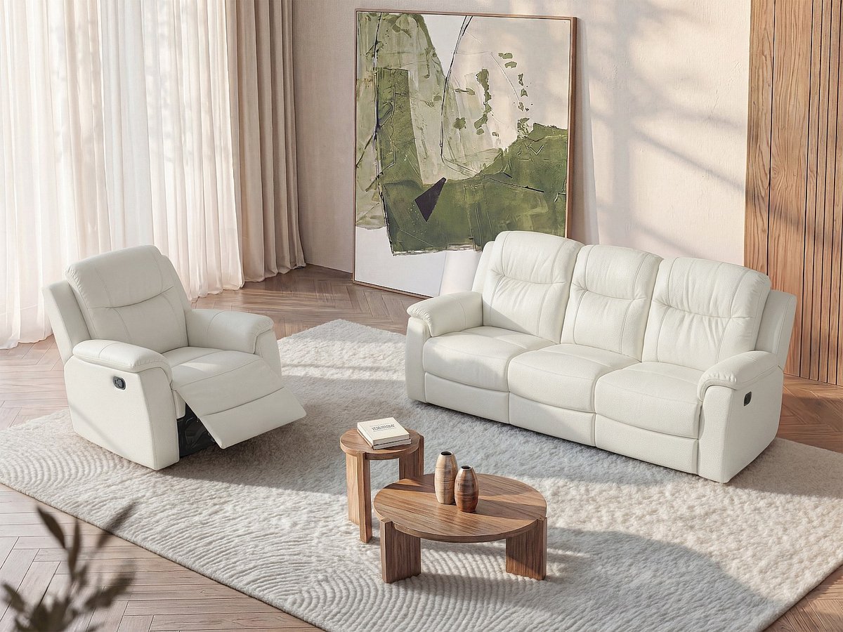 Vente-unique Driezits relaxbank en relaxfauteuil EVASION van leer - ivoorwit