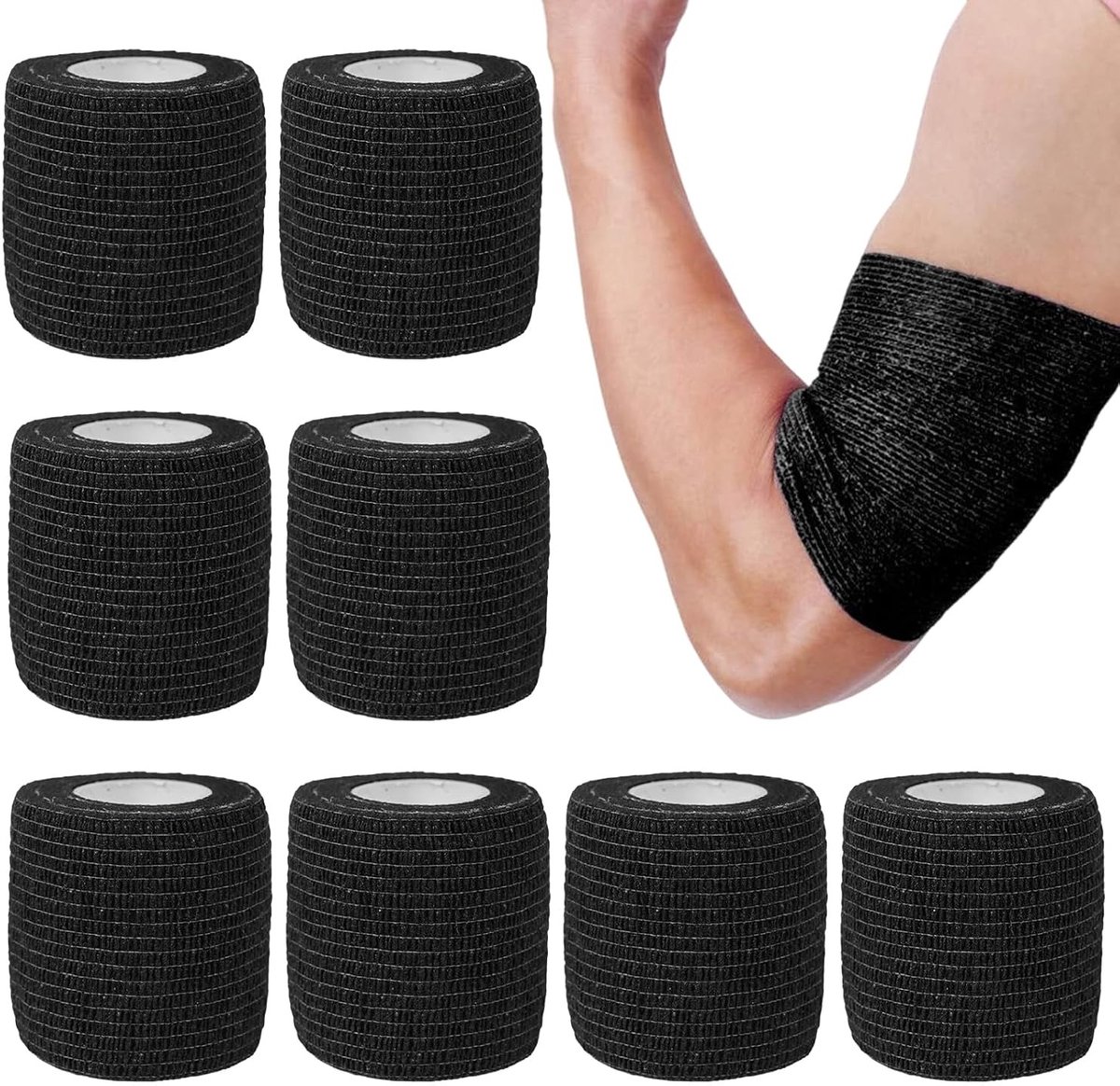 8 Rollen Zelfklevende Cohesieve Bandage 5cm x 4.5m voor Sport, Pols en Enkel, Zwart, Niet-geweven Rekbandage voor Dieren en Atleten