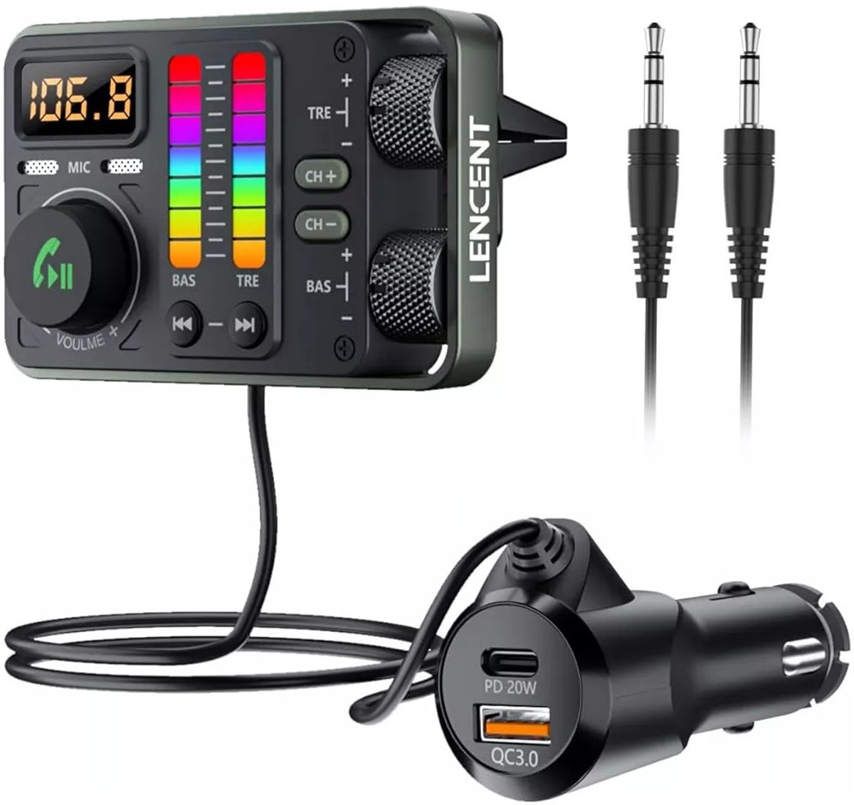 zurabini - Bluetooth Adapter Auto - Bluetooth FM Transmitter Auto - Bluetooth Carkit - Bluetooth Transmitter met PD 20W + QC 18W - Handsfree Bellen en Muziek