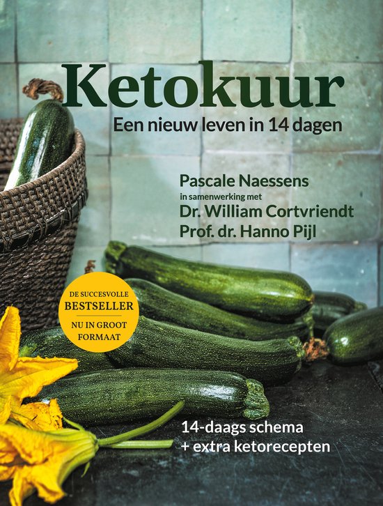 Boekcover met de titel 'Ketokuur Een nieuw leven in 14 dagen' met courgettes en een gele bloem.