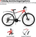 Grijze en rode mountainbike met aluminium frame en naadloze logofinish.