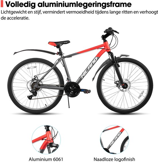 Grijze en rode mountainbike met aluminium frame en naadloze logofinish.