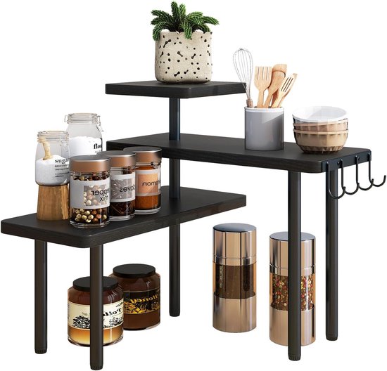 IBUYKE Aanrecht Organizer, 3-Tier Spice Racks, Keuken Counter Hoekplank, 4 Zijhaken, Verstelbare Aanrecht Plank voor Keuken, Badkamer, Koffiebar, Kast, Bureau, Zwart, TLJ023B