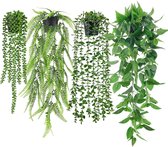 Kunstmatige Hangplanten Set van 4 met Potten - Kunstmatige Hangplant - Eucalyptus en Klimop - Binnen en Buiten - voor Kantoor, Woonkamer, Balkon Muur Decor