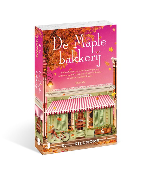 Couverture de livre 'De Maple bakkerij' avec fond rose, une boulangerie vert pastel et auvents rayés rouge et blanc. Un vélo et un petit chien devant le magasin.