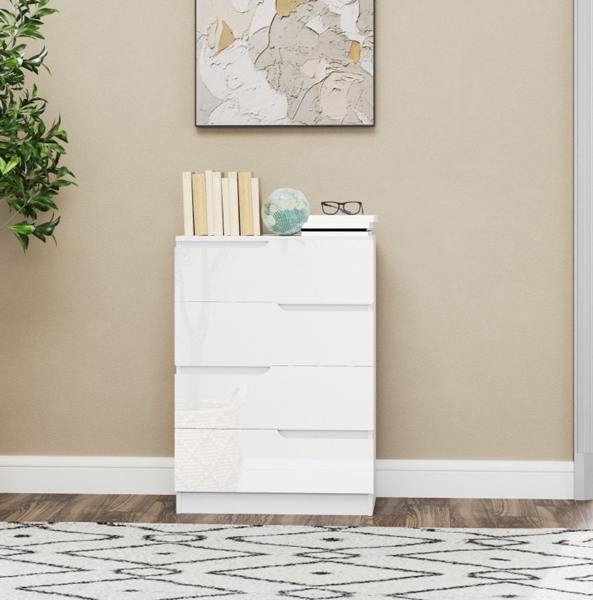 MEUNIQ ladekast met 4 lades 60 x 40 x 85 cm, commode voor slaapkamer of woonkamer, hoogglans wit, met anti-kantelvoorziening en melaminecoating