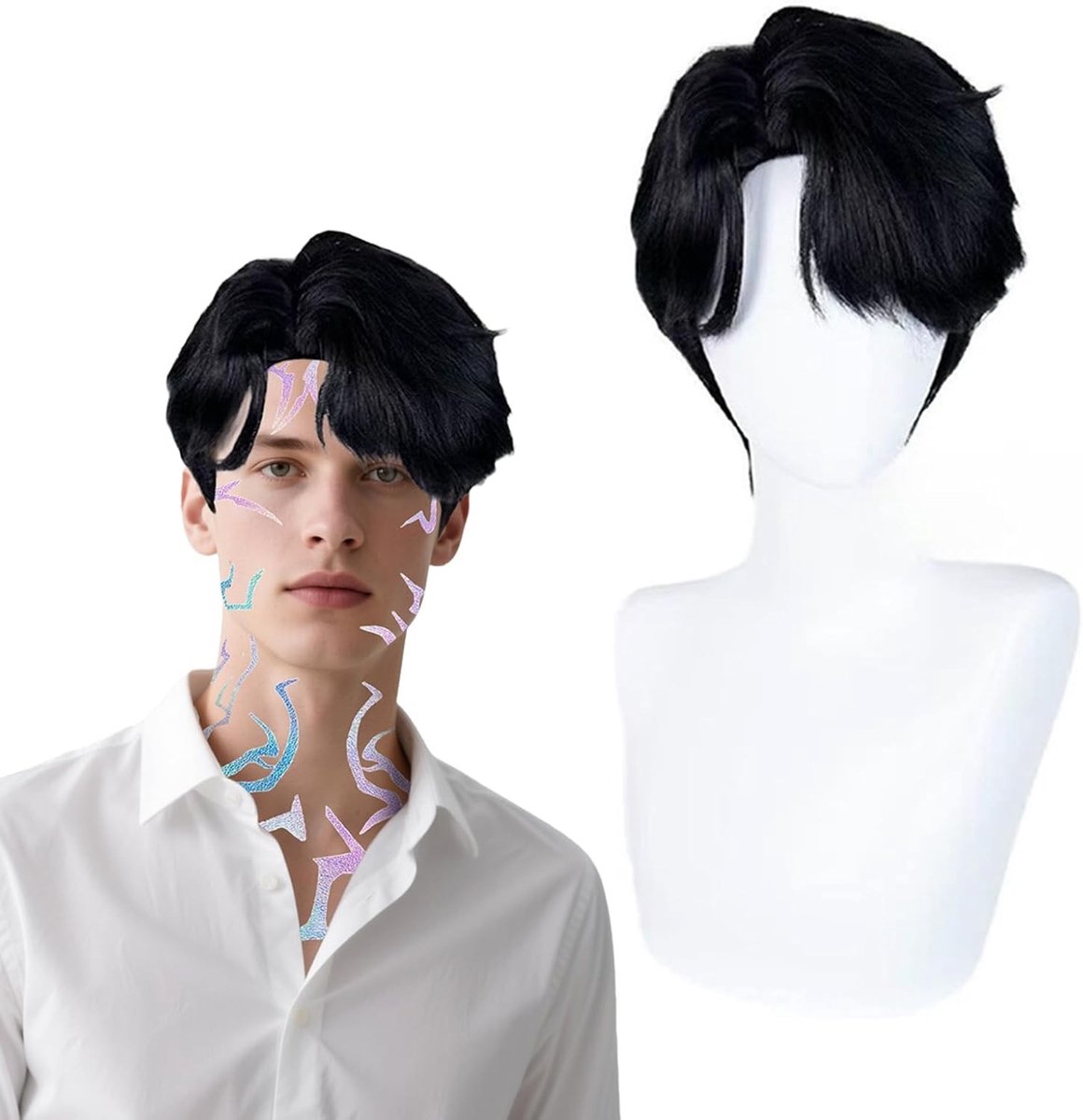 Anime Kostuum voor Cosplay van Jinu met Paarse Demon Hunter Wenkbrauwen, Tijdelijke Tattoos en Feestaccessoires voor Mannen