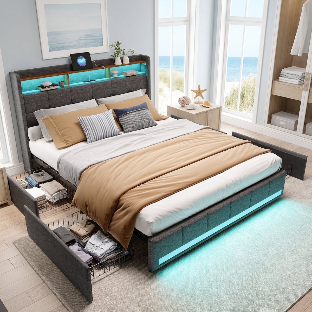 MEXUS Gestoffeerd Bed 140x200 cm met LED en USB,Tweepersoonsbed met 4 laden en Lattenbodem,Opbergbed bedframe met Opbergruimte en Hoofdbord,grijs linnen, Zonder Matras