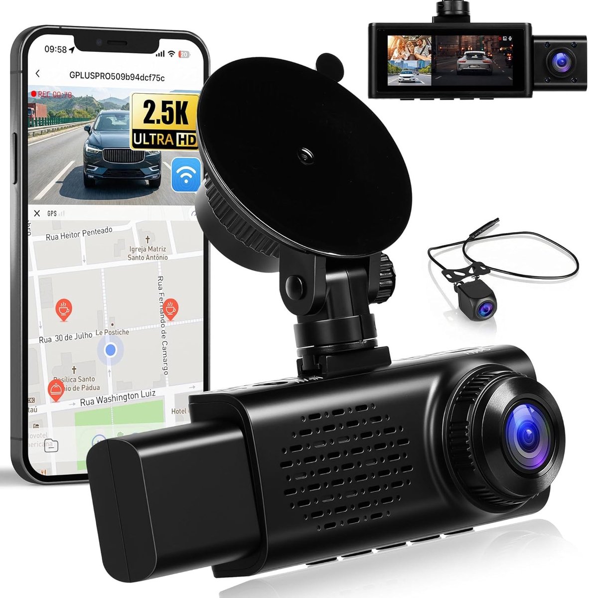 Dashcam Auto - 2.5K - 3-kanaals opname - Wifi & app - Voor elk voertuig