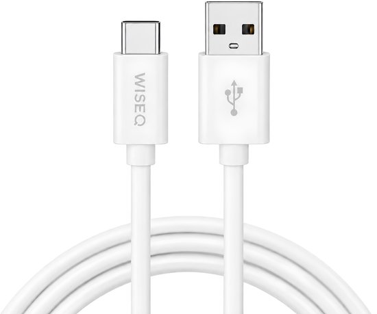 Câble USB-A vers USB-C blanc WiseQ, 1 mètre de long, avec logo sur les connecteurs.