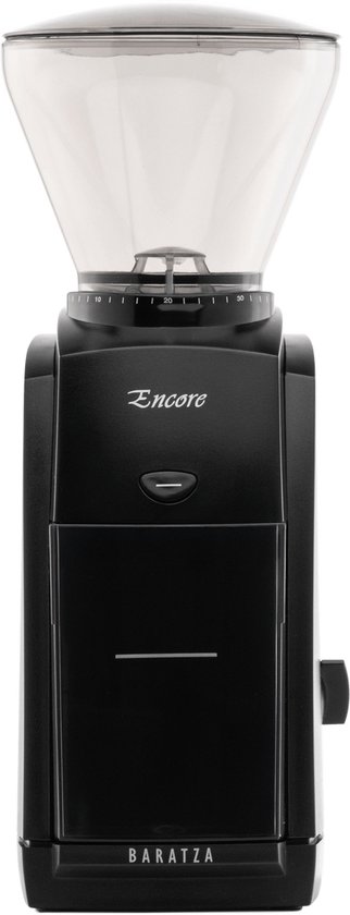 Zwarte elektrische koffiemolen met een transparante hopper en 'Encore' en 'BARATZA' logo's.