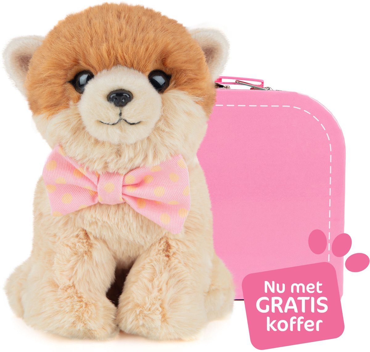 Studio Pets® PomPom Pomeriaan knuffel 16 cm met strik en GRATIS koffer – zachte hond knuffel voor kinderen