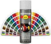 Rust-Oleum Hard Hat spuitbus met kleurenwaaier. Zilverkleurige bus met rode en gele details.