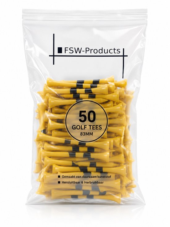 Een doorzichtige zak met 50 gele golf tees van 83 mm, met zwarte strepen.