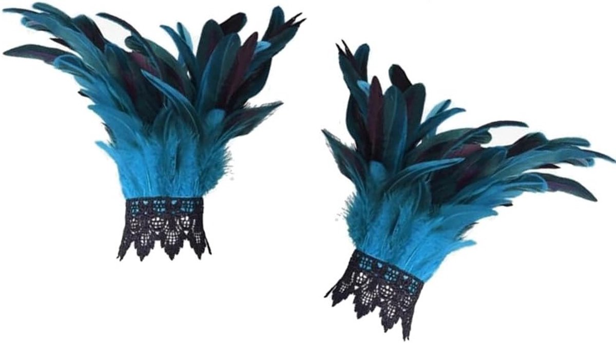 Carnaval Gothic Handschoenen met Veer, Verstelbare Kanten Manchet en Armband voor Halloween Kostuum (Blauw)