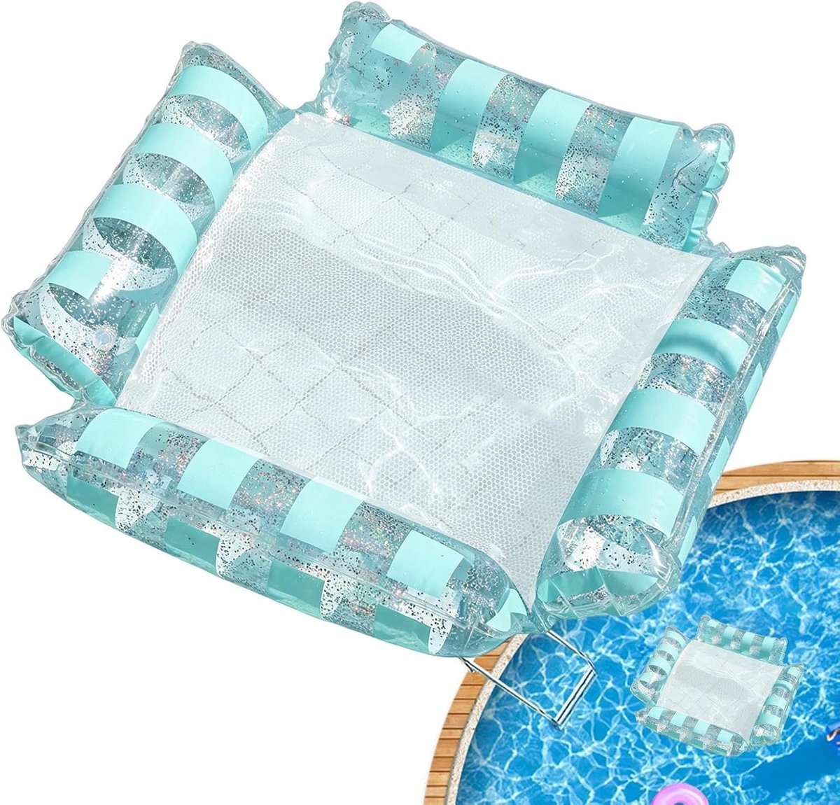 LISM-Opblaasbare waterhangmat, stevige drijvers, strandspullen van PVC-materiaal, multifunctionele accessoires Geschikt voor aan het meer, 120x120 cm, outdooruitrusting, zomerligstoel (blauw)