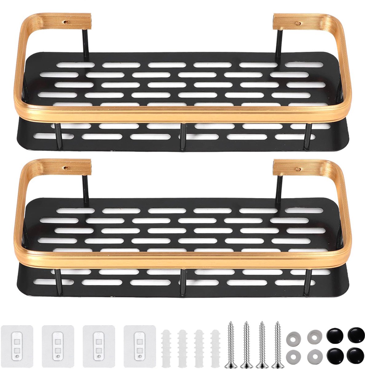 Doucherek - Dubbellaags doucheplank zonder boren – Wandplank voor de badkamer – Keukenplank – Badkameropbergrek – Inclusief boorschroeven – Set van 2 stuks – Zwart & Goud