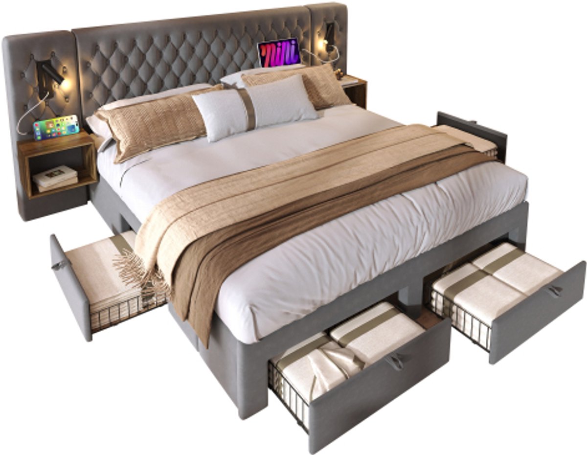 Zubaliya Tweepersoonsbed – 160 x 200 cm – met hydraulische opbergruimte en lades – voor moderne slaapkamer – praktisch en ruimtebesparend ontwerp Grijs