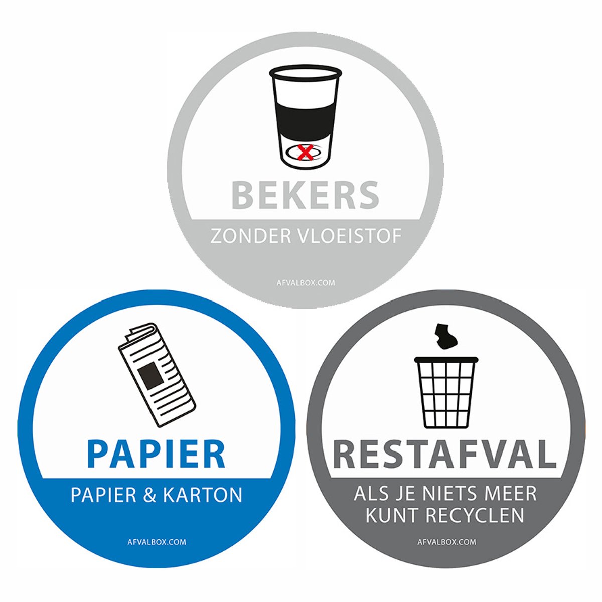 Stickers - Afvalsticker - Stickers afvalscheiding - Afvalscheidingsstickers - milieuvriendelijke PAPIEREN stickers rond 13 cm - SET bekers/papier/rest - vuilnisbak stickers - afvalbak stickers - container stickers