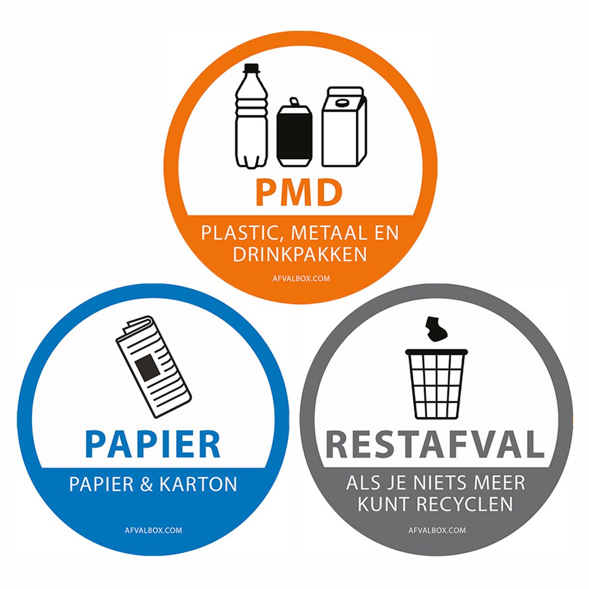 Stickers - Afvalsticker - Stickers afvalscheiding - Afvalscheidingsstickers - milieuvriendelijke PAPIEREN stickers rond 13 cm - SET PMD/papier/rest - vuilnisbak stickers - afvalbak stickers - container stickers