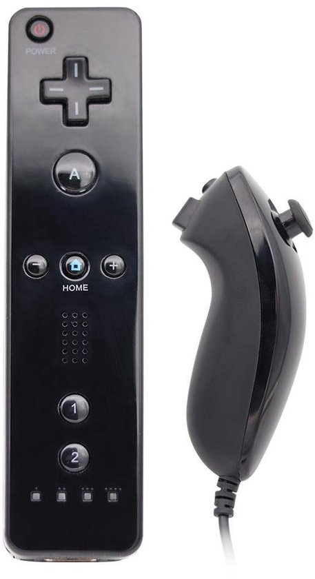 Zwarte Wii controller en nunchuk. De controller heeft knoppen, een D-pad en een home-knop.