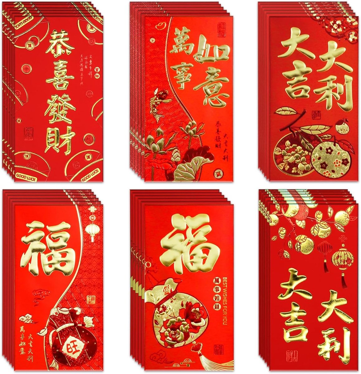 36 stuks rode enveloppen voor het Chinese Nieuwjaar, gelukbrengende Hong Bao met gouden embossing voor geld, perfect voor het Lentefeest en geschenken