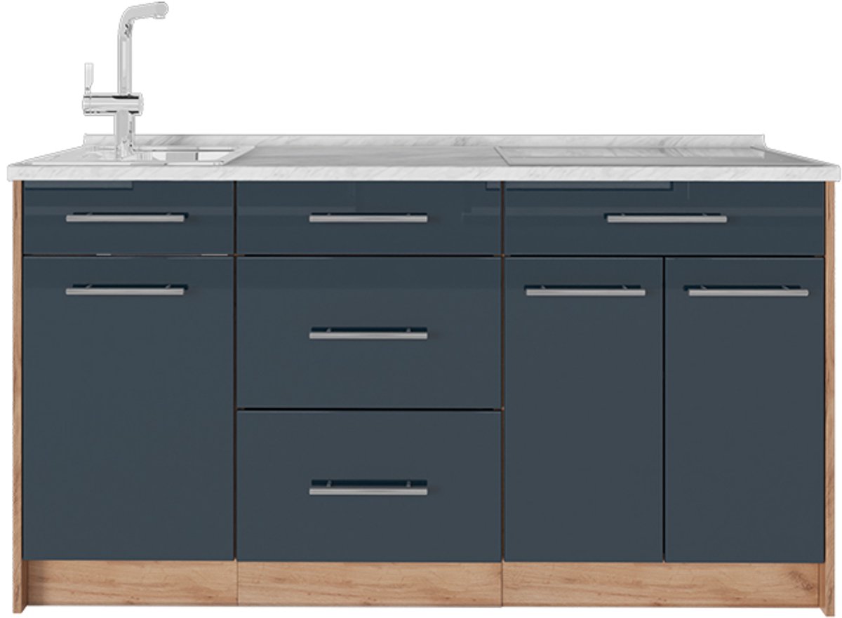 Vicco Keukenblok Fame-Line, Donkerblauw hoogglans, 150 cm, WB Marmer