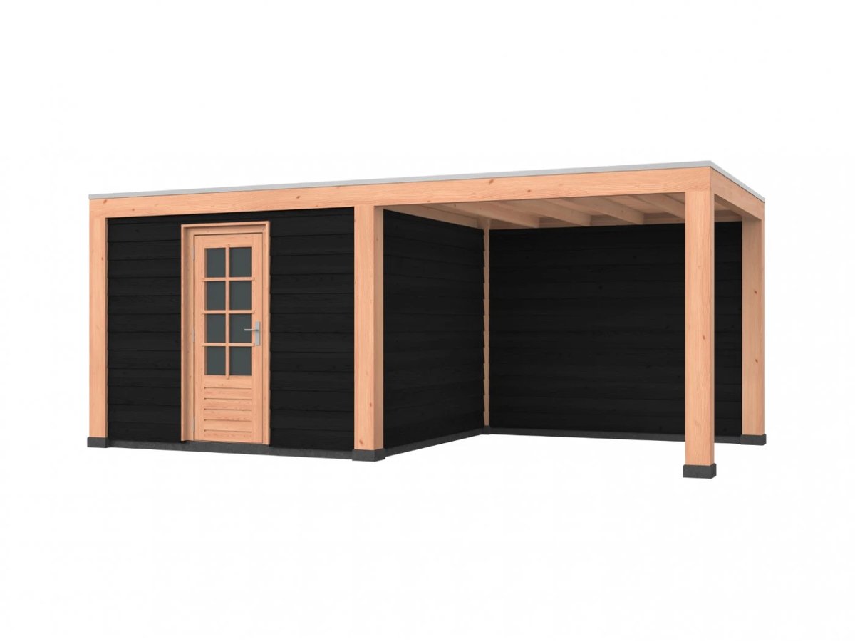 Douglas overkapping, 600 x 300, met achterwand en schuur, Westwood Robuust zwart
