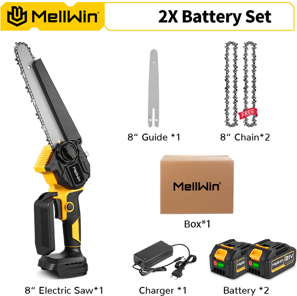 MellWin Kettingzaag - 20cm Kettingzaag - Mini Kettingzaag met accu - Snoeizaag - Boomzaag - 2 accu's - Inc. accessoires