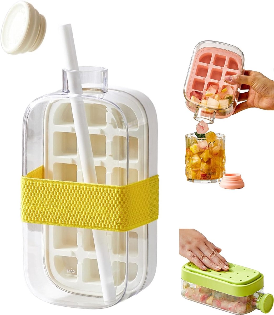 2-in-1 Ijsblokjesfles met Rietje - 800ML Draagbare Ijsmaker - Zelfgemaakte Ijsblokjesvorm - Waterfles Kunststof - Drinkfles -Perfect voor het maken van koffie, sap, cocktails of gekoelde drankjes - 21.7*10.8 cm - Wit