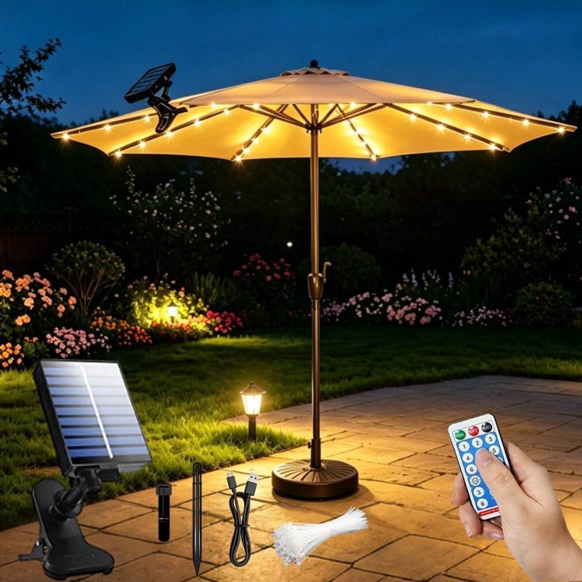 Parasolverlichting op zonne-energie - Kunststof - 104 LED's - 8 Verlichtingsmodi - Voor Buitengebruik
