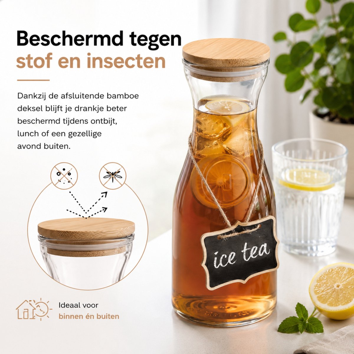 Boncy® Glazen Karaf - Set van 2 - Waterkan met Bamboe Deksel - Waterkaraf 1 Liter - Schenkkan van Glas - karaffen Water Kan Carafe — cadeau in Koken & Dineren - foto 6