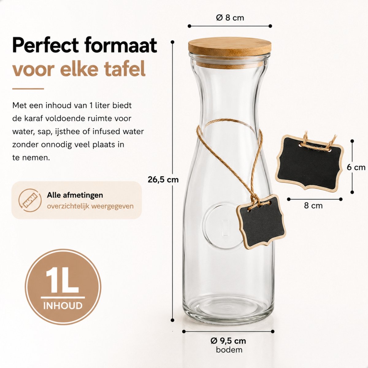 Boncy® Glazen Karaf - Set van 2 - Waterkan met Bamboe Deksel - Waterkaraf 1 Liter - Schenkkan van Glas - karaffen Water Kan Carafe — cadeau in Koken & Dineren - foto 7