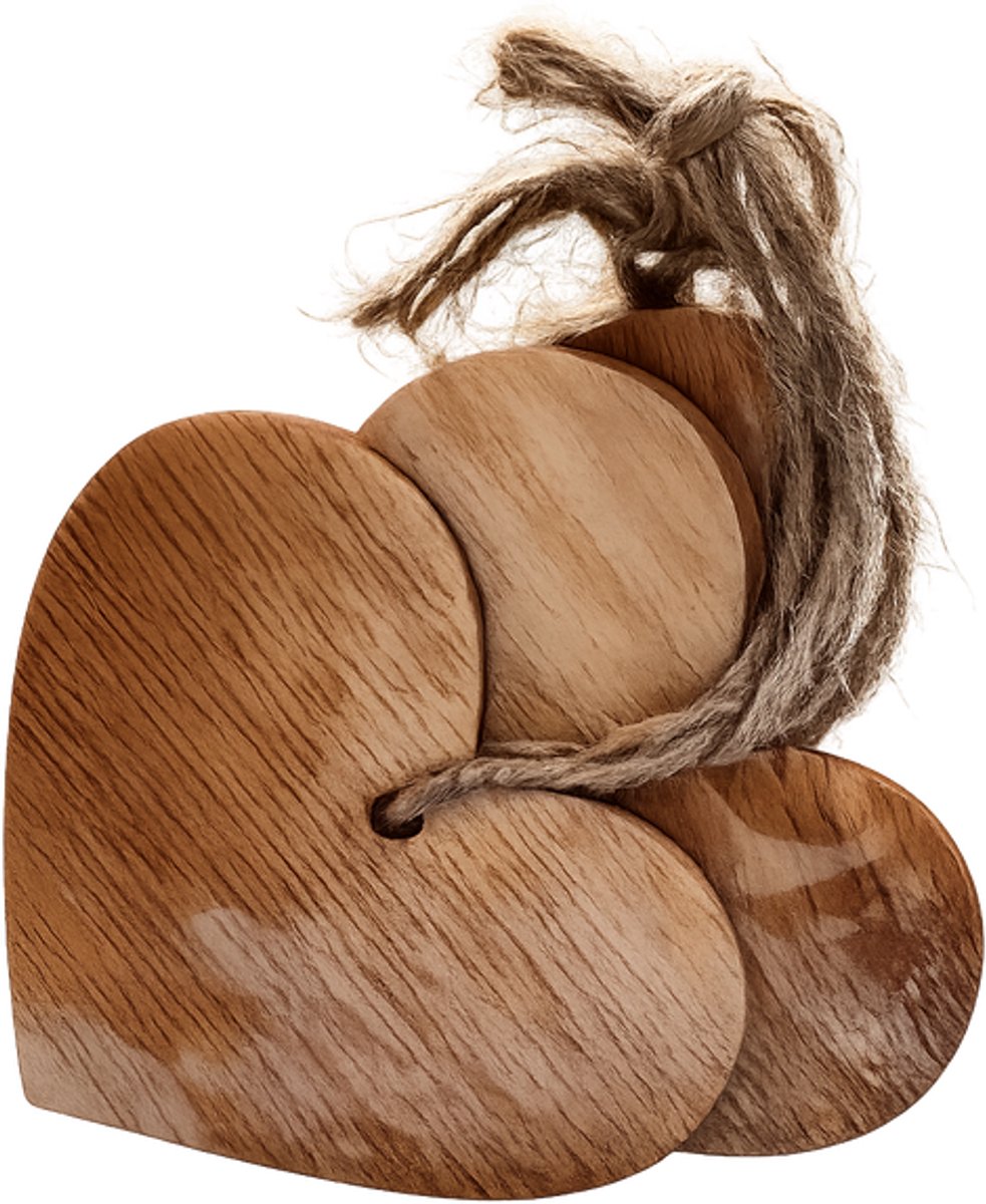 4 hartvormige houten kaartjes aan jute touw - kaartje - tag - kado - plaatskaart - cadeau - hart